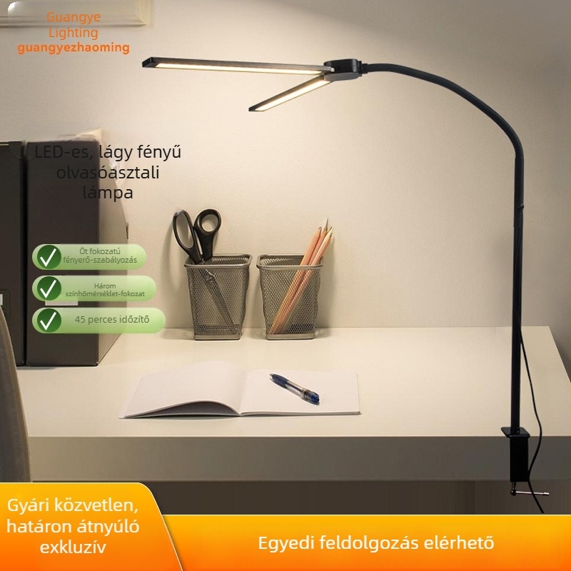 Csipeszes asztali lámpa két fejjel a szemvédelméért, USB tápegység, színbeállítható, lágy fény, időzítő – tanuláshoz és éjszakai használathoz