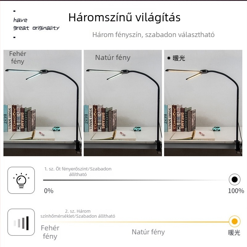 Csipeszes asztali lámpa két fejjel a szemvédelméért, USB tápegység, színbeállítható, lágy fény, időzítő – tanuláshoz és éjszakai használathoz