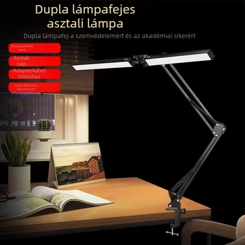 LED asztali lámpa csíptetős, kétfejű, hosszú karú, fémből készül, összecsukható, íróasztalhoz vagy monitorhoz.