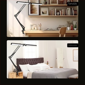 LED asztali lámpa csíptetős, kétfejű, hosszú karú, fémből készül, összecsukható, íróasztalhoz vagy monitorhoz.