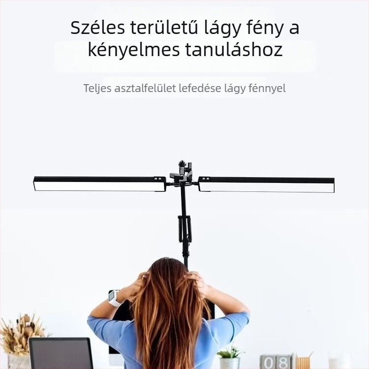 LED asztali lámpa csíptetős, kétfejű, hosszú karú, fémből készül, összecsukható, íróasztalhoz vagy monitorhoz.