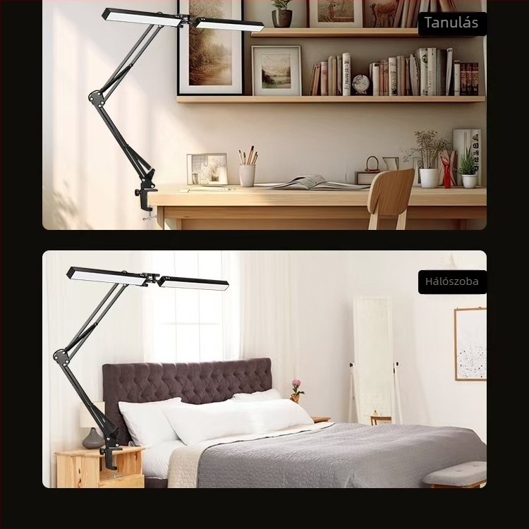 LED asztali lámpa csíptetős, kétfejű, hosszú karú, fémből készül, összecsukható, íróasztalhoz vagy monitorhoz.