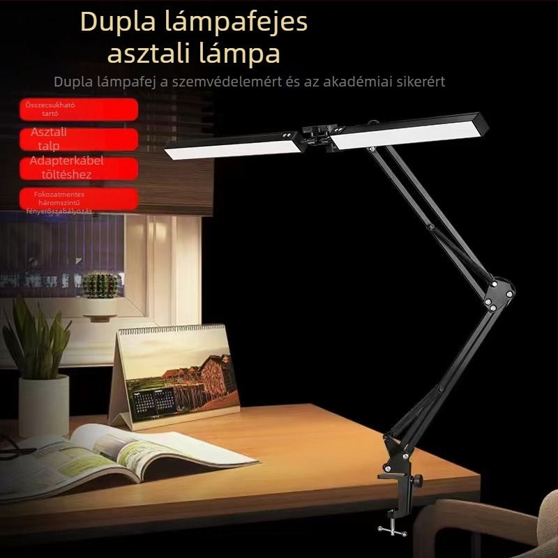LED asztali lámpa csíptetős, kétfejű, hosszú karú, fémből készül, összecsukható, íróasztalhoz vagy monitorhoz.