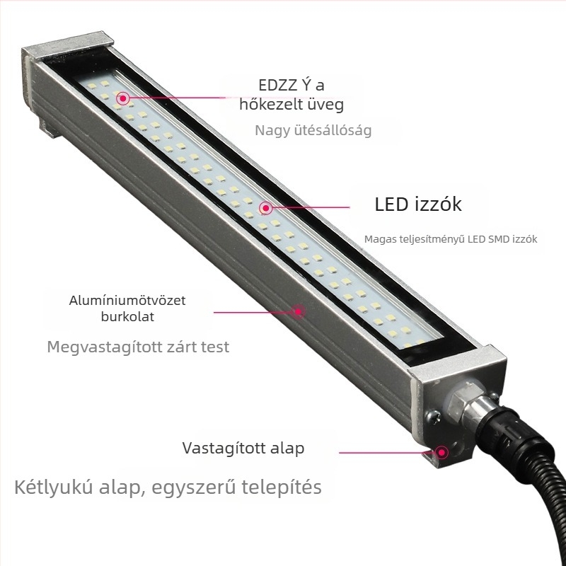 LED állítható munkalámpa CNC gépekhez, csavaros szerelés, robbanásbiztos, feszültség 12–220 V, teljesítmény 10–30 W, vízálló.