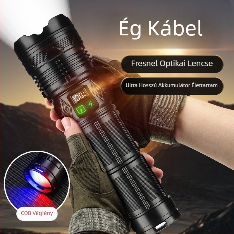 Kézi hajtású COB LED zseblámpa, 6000mAh, hatótáv >500 m, 360° forgás, optikai zoom, túltöltés elleni védelem