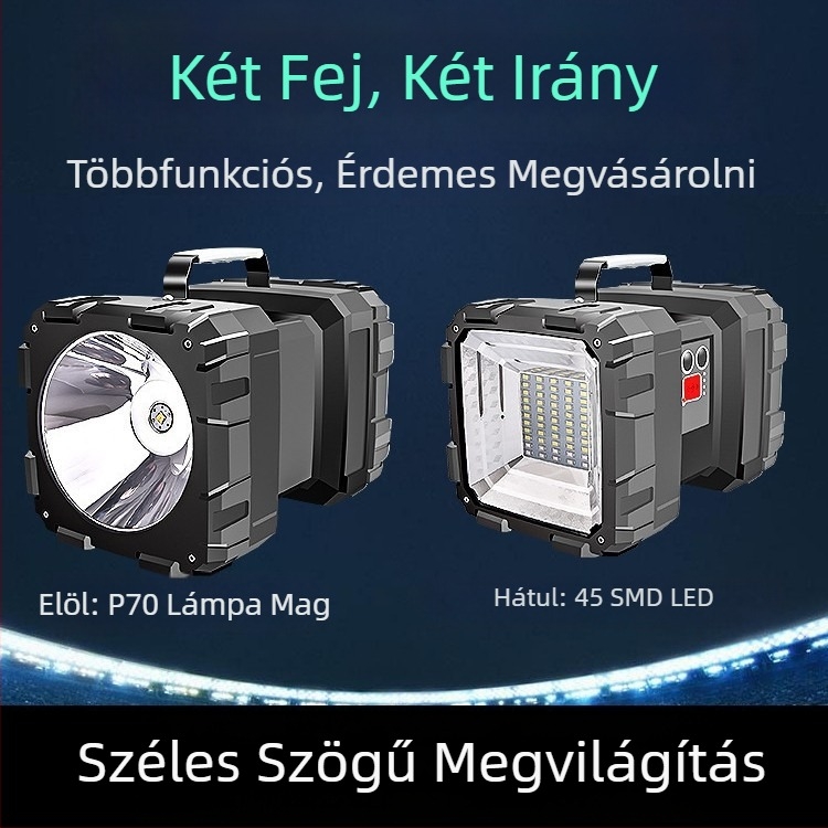 Kétfejű LED keresőfény USB töltéssel, kültéri használatra, 40/60/80W, 1800mAh beépített akkumulátor, 100-200 m hatótáv
