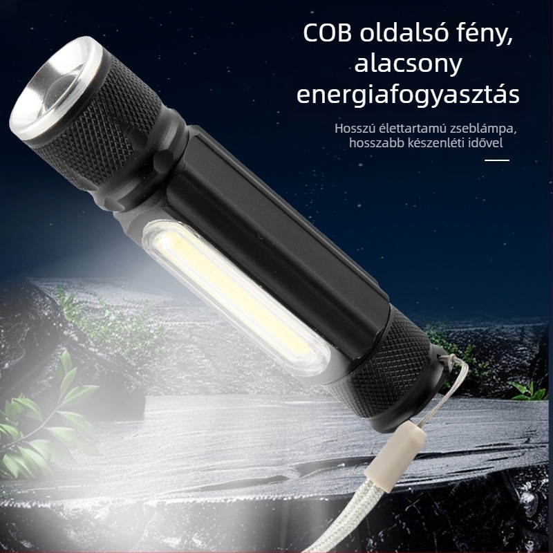 LED kézi zseblámpa USB-töltéssel, 2400mAh akkumulátor, kézi hajtású, hatótávolság 200–500 m, többfunkciós Power Bank