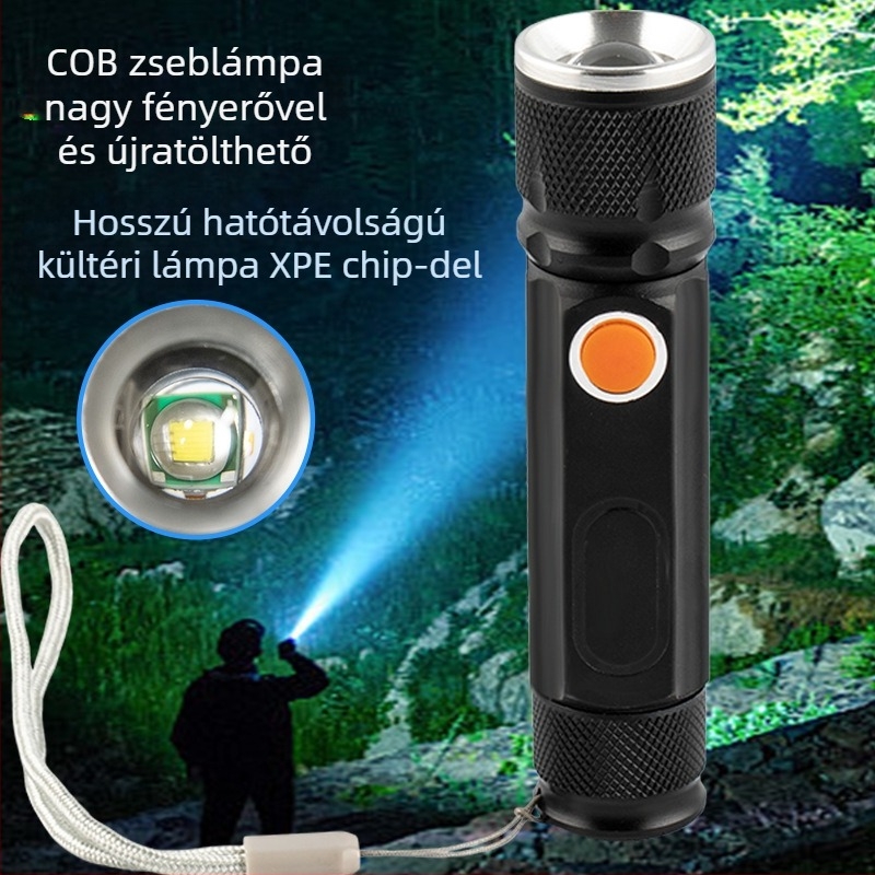 LED kézi zseblámpa USB-töltéssel, 2400mAh akkumulátor, kézi hajtású, hatótávolság 200–500 m, többfunkciós Power Bank