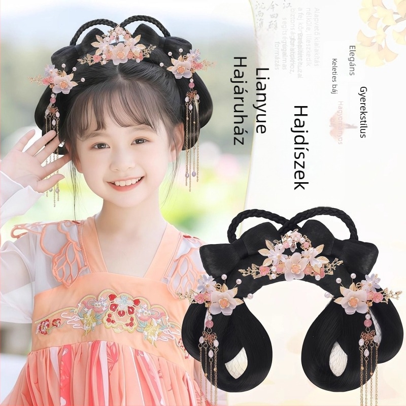 Gyermekeknek Han-dinasztia stílusú fejfedő paróka – rövid selyemszerű haj, modell Lian Yue