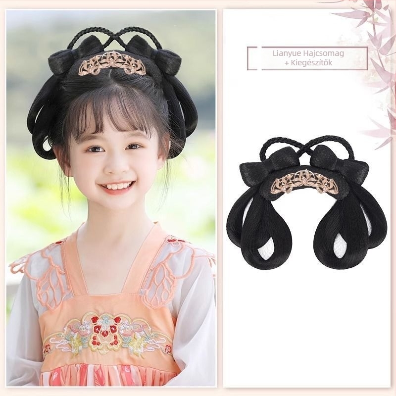 Gyermekeknek Han-dinasztia stílusú fejfedő paróka – rövid selyemszerű haj, modell Lian Yue