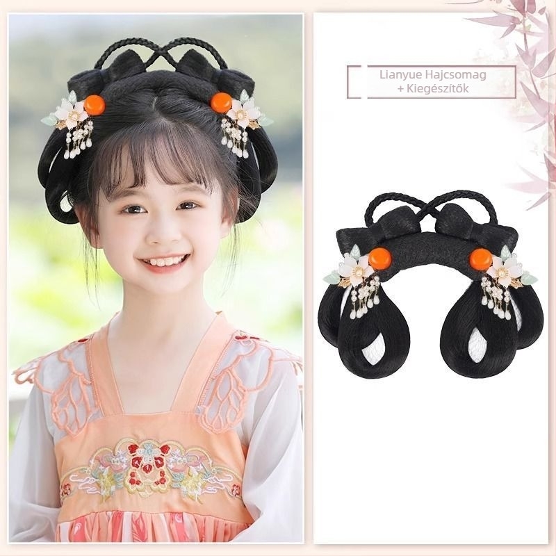 Gyermekeknek Han-dinasztia stílusú fejfedő paróka – rövid selyemszerű haj, modell Lian Yue