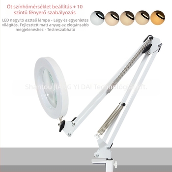 LED nagyító asztali lámpa hosszú kar, klipsz rögzítéssel, USB tápellátás, szemvédelem, CRI ≥90, ideális tanuláshoz