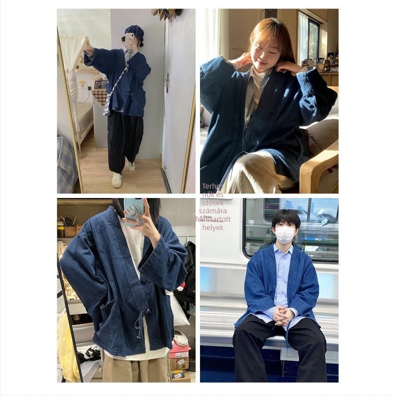 Japán stílusú denim-pamut kabát, lazított szabás, gallér nélküli, férfiak számára.