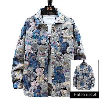 Férfi denim kabát, álló gallér, laza szabás, jacquard mintás, hosszú ujjú