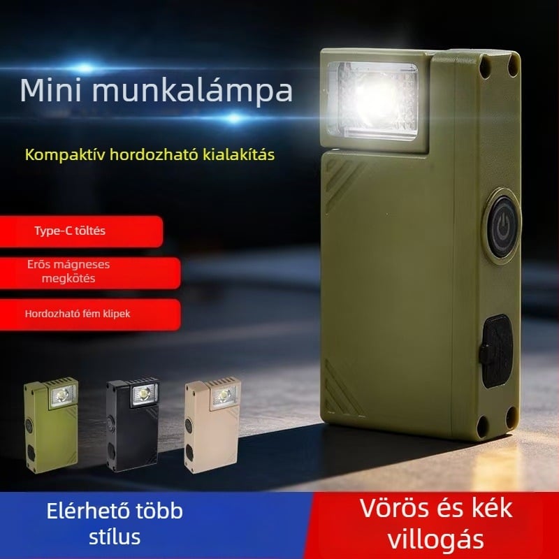 Újratölthető mini munkalámpa forgatható mágneses sapka-klippel – modell JC-306, 3,6 V, ABS ház, élettartam 1 000 000 óra