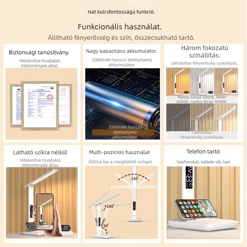 Tanulmányi asztali lámpa szemvédő, USB tápegység, érintéses kapcsoló, újratölthető és hálózatról működik, olvasólámpa a kollégiumban
