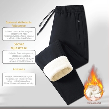 Férfi sportos-nadrág fleece béléssel, egyenes szárú, középmagas derekú, övvel, poliészter anyag