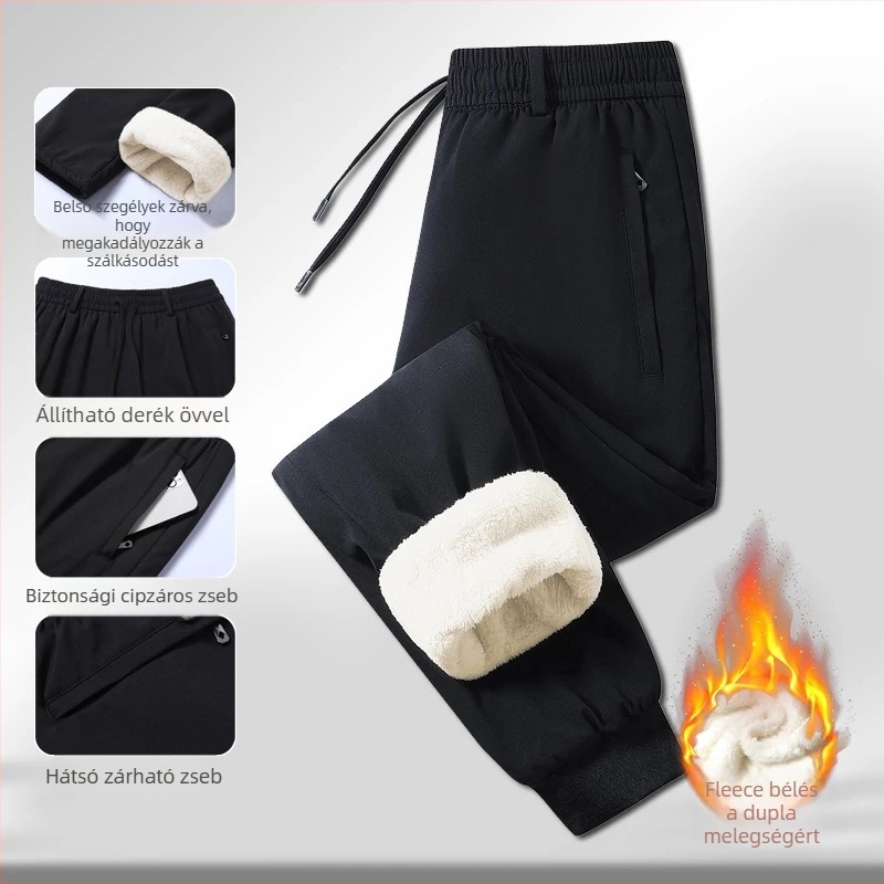 Férfi sportos-nadrág fleece béléssel, egyenes szárú, középmagas derekú, övvel, poliészter anyag
