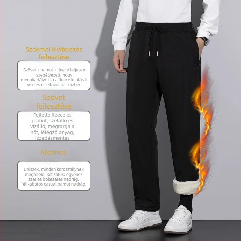 Férfi sportos-nadrág fleece béléssel, egyenes szárú, középmagas derekú, övvel, poliészter anyag