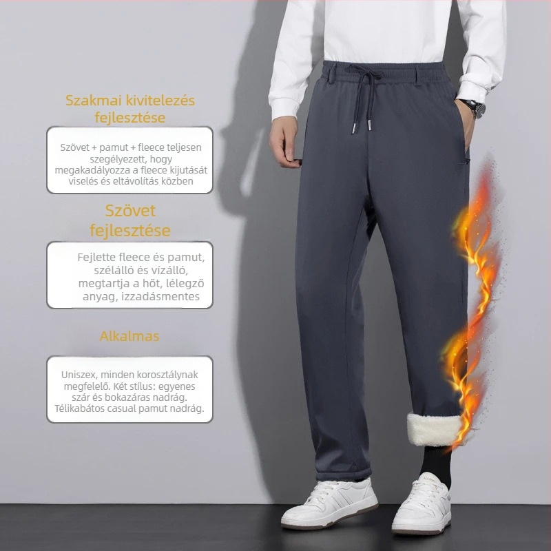 Férfi sportos-nadrág fleece béléssel, egyenes szárú, középmagas derekú, övvel, poliészter anyag
