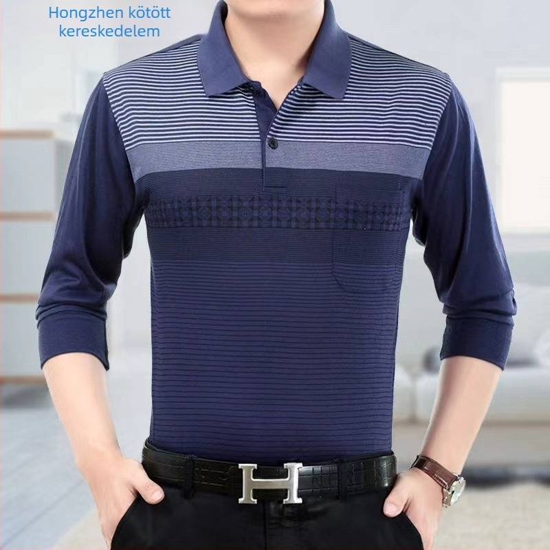 Férfi hosszú ujjú galléros polo, laza kialakítás, lélegző, kopásálló, geometriai mintázat, pamutkeverék 71–80%