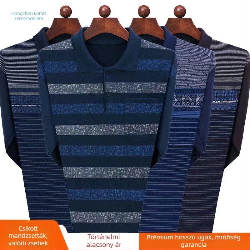 Férfi hosszú ujjú galléros polo, laza kialakítás, lélegző, kopásálló, geometriai mintázat, pamutkeverék 71–80%