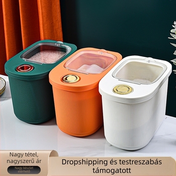 Rizstároló edény felnyitható fedéllel, PP anyag, kapacitás több mint 10 L, zárható, nedvesség- és rovarálló, modern minimalist stílus, Hung-hon