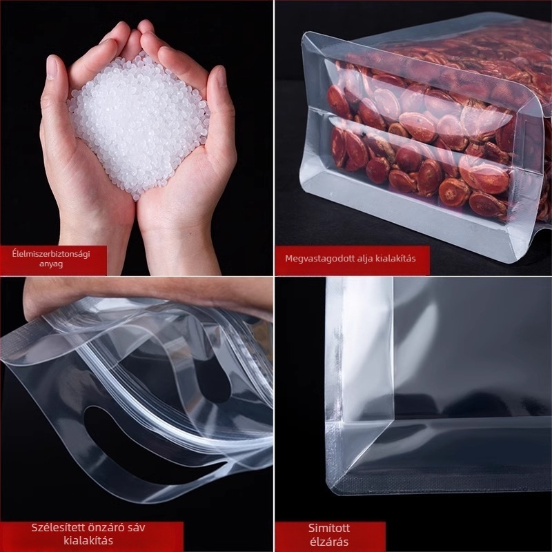 Átlátszó nyolcszárnyú záródású álló zacskó, matt felülettel és cipzárral (anyag: PET+PE; élelmiszer-csomagolás; záródás hossza 5–20 cm; engedély: Guangdong XK-16-204-11317)