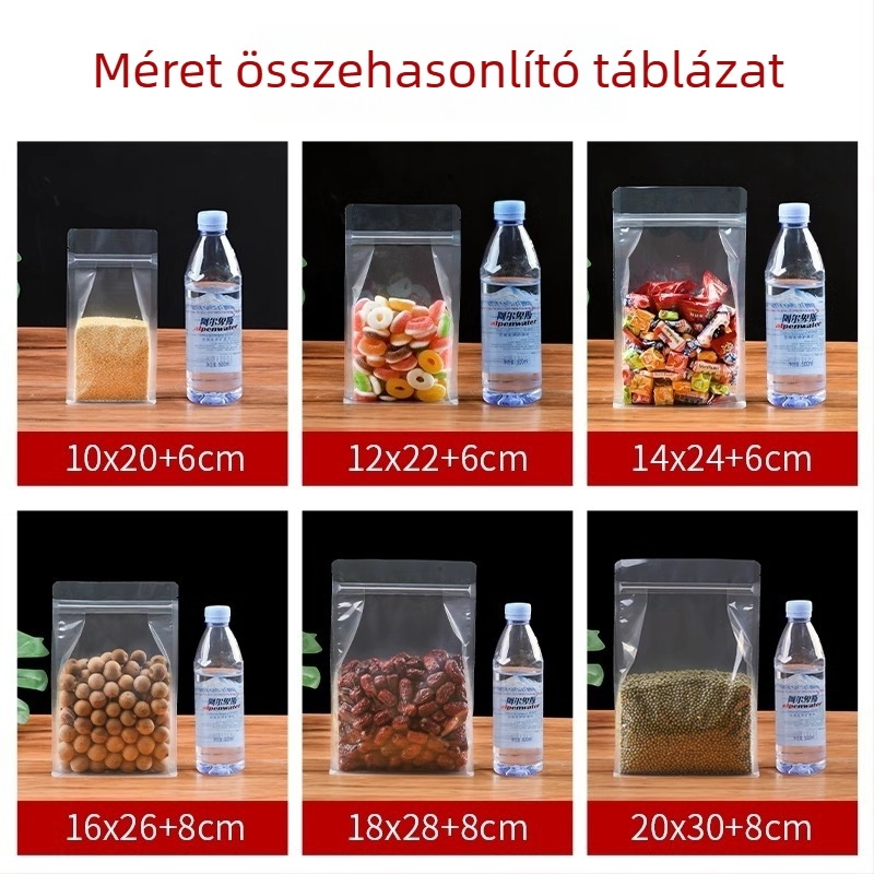 Átlátszó nyolcszárnyú záródású álló zacskó, matt felülettel és cipzárral (anyag: PET+PE; élelmiszer-csomagolás; záródás hossza 5–20 cm; engedély: Guangdong XK-16-204-11317)