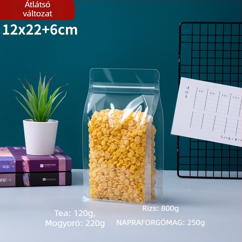 Átlátszó nyolcszárnyú záródású álló zacskó, matt felülettel és cipzárral (anyag: PET+PE; élelmiszer-csomagolás; záródás hossza 5–20 cm; engedély: Guangdong XK-16-204-11317)