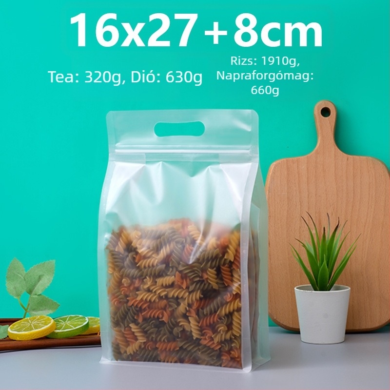 Átlátszó nyolcszárnyú záródású álló zacskó, matt felülettel és cipzárral (anyag: PET+PE; élelmiszer-csomagolás; záródás hossza 5–20 cm; engedély: Guangdong XK-16-204-11317)