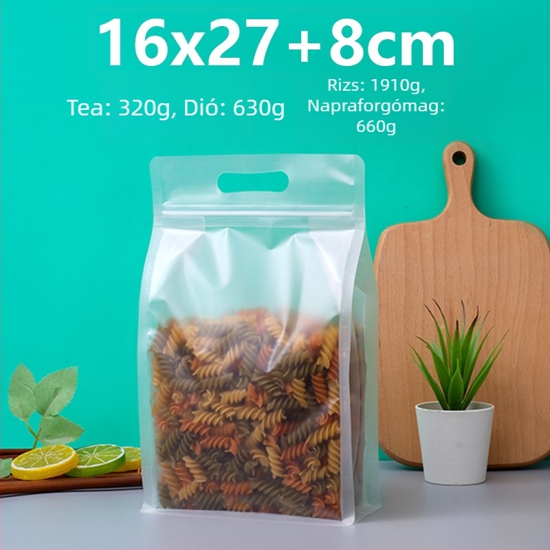 Átlátszó nyolcszárnyú záródású álló zacskó, matt felülettel és cipzárral (anyag: PET+PE; élelmiszer-csomagolás; záródás hossza 5–20 cm; engedély: Guangdong XK-16-204-11317)