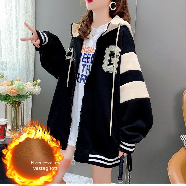 Női koreai stílusú kardigán fleece-lével bélelt, laza szabású, kapucnival