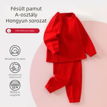 Gyermekek számára készült pamut melegítő pizsama készlet kerek nyakú, piros, 140 cm fölötti magasságúaknak
