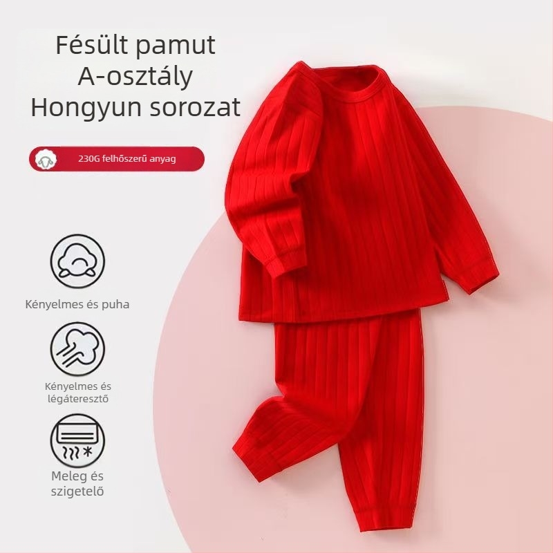Gyermekek számára készült pamut melegítő pizsama készlet kerek nyakú, piros, 140 cm fölötti magasságúaknak