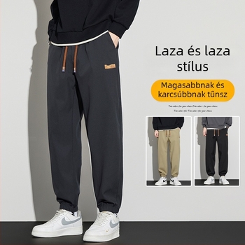 Férfi laza sportos hétköznapi nadrág, középmagasságú derék, zsinóros zárás, poliészter rugalmas anyag, egyenes szár, ősz
