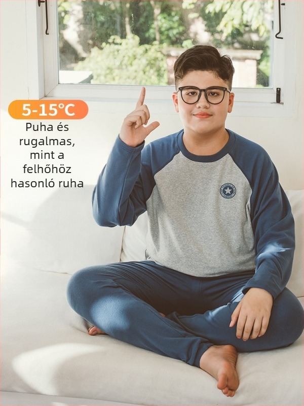 Fiúknak készült 2 részes pizsama szett, plus méret, 95% pamut / 5% elasztán, kerek nyakú felső, gyerekeknek 8 év felett (kb. 140 cm felett), télre, tavasszal és őszre