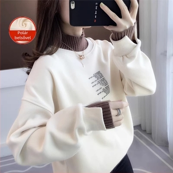 Chenille anyagú, fleece-lével bélelt női pulóver, lazán szabott, polo gallér, hosszú ujjú