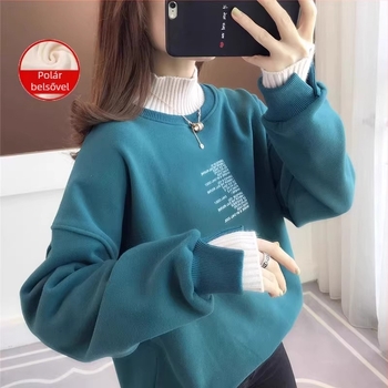 Chenille anyagú, fleece-lével bélelt női pulóver, lazán szabott, polo gallér, hosszú ujjú