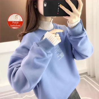 Chenille anyagú, fleece-lével bélelt női pulóver, lazán szabott, polo gallér, hosszú ujjú