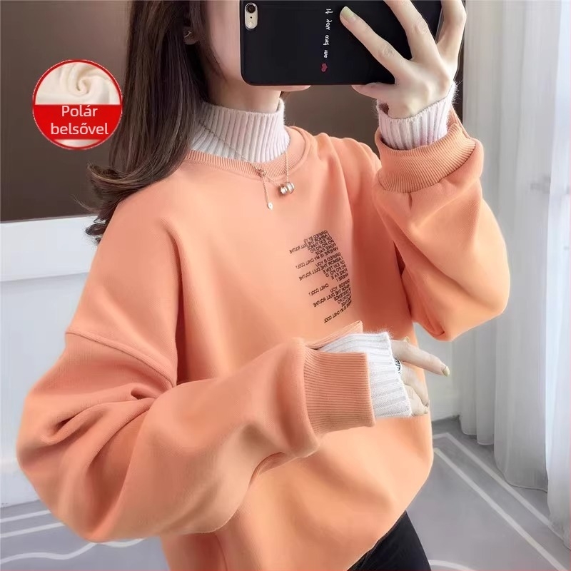 Chenille anyagú, fleece-lével bélelt női pulóver, lazán szabott, polo gallér, hosszú ujjú