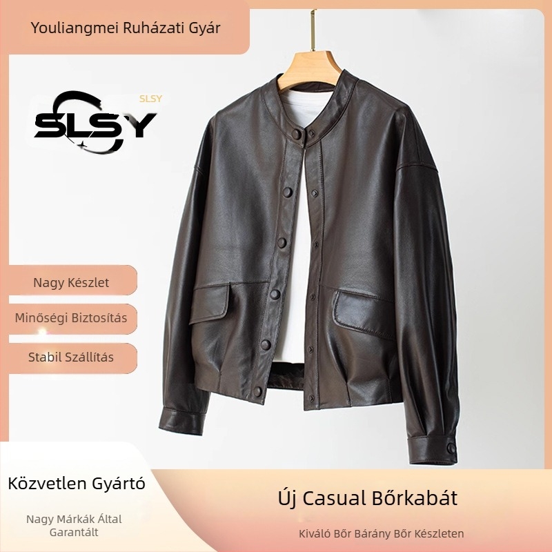 Női báránybőr bőrdzseki, lazított szabás, hosszú ujjú, gallér fél turtleneck, street style, tavasz 2024 megjelenés