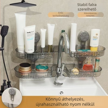 Fürdőszobai kozmetikai tároló szívófejes rögzítéssel és kampóval; polírozott felület, műanyag, 1 szint, 5 kg teherbírás