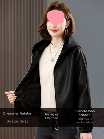 Női kapucnis műbőrkabát, imitált bőr, ultra rövid hosszúságú (≤40 cm), cipzáras lezárás, Chenille-Spandex anyag