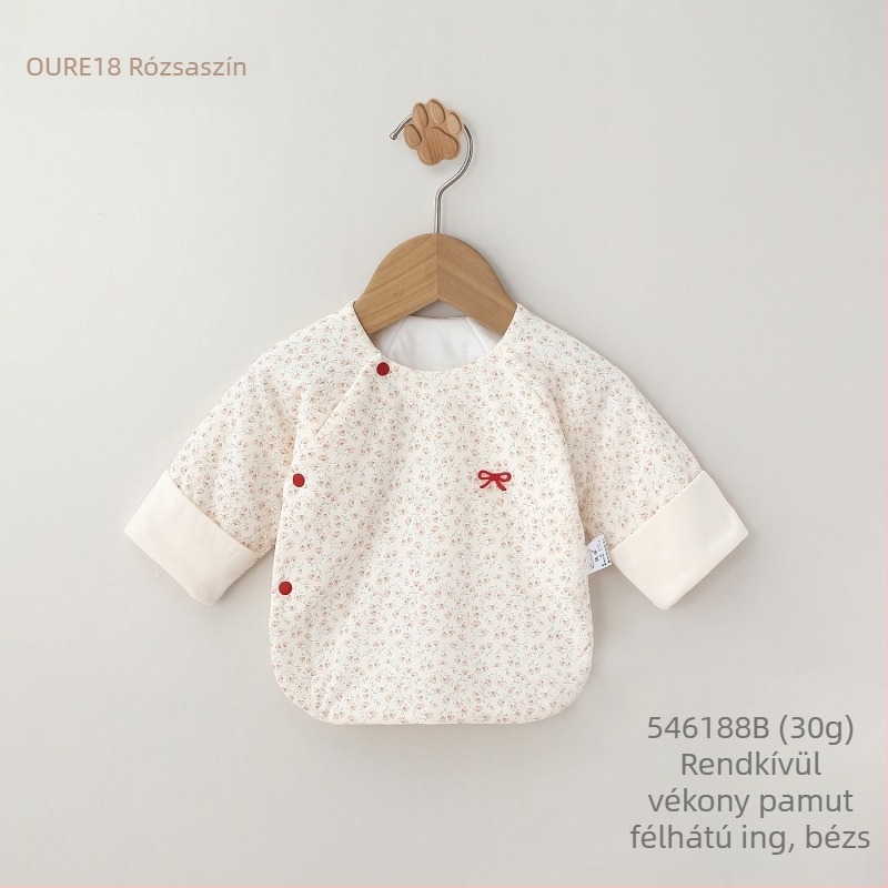 Ouyuan Floral Whisper Újszülött Ultra‑Vékony Pamut Top, Half-Back Design, Környakú, Kapucni Nélkül, 100% Pamut, Sima Brushed Tapintású Felület, 0–12 Hónap, Tavasz/Ősz