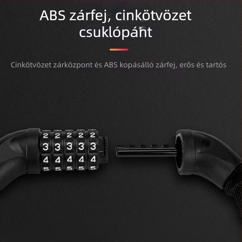 Kerékpár- és motorkerékpár lánc zár jelszóval, lopás elleni, modell 601, mangánacél belső mag + polipropilén burkolat, tömeg 0,7 kg