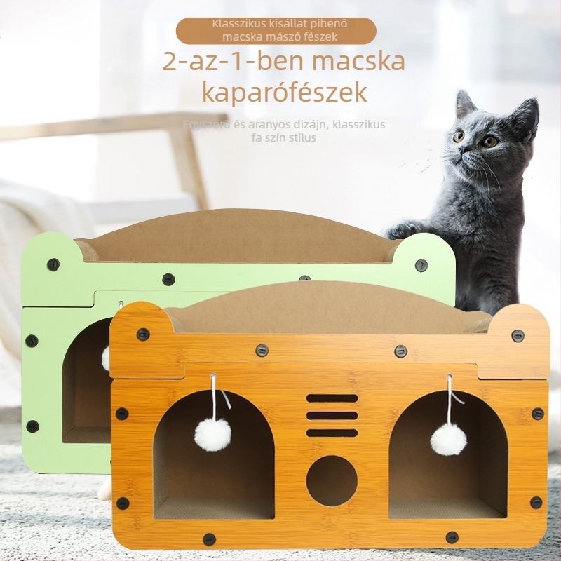 3D többfunkciós, kétszintes macska karmoló deszka beépített kanapéval és fészekkel; kopásálló és nem hullik a szőrszálak
