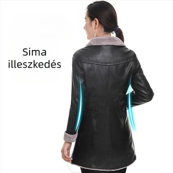 Közepes hosszúságú PU bőrkabát fleece béléssel, műszőrme gallérral, háromgombos záródással.