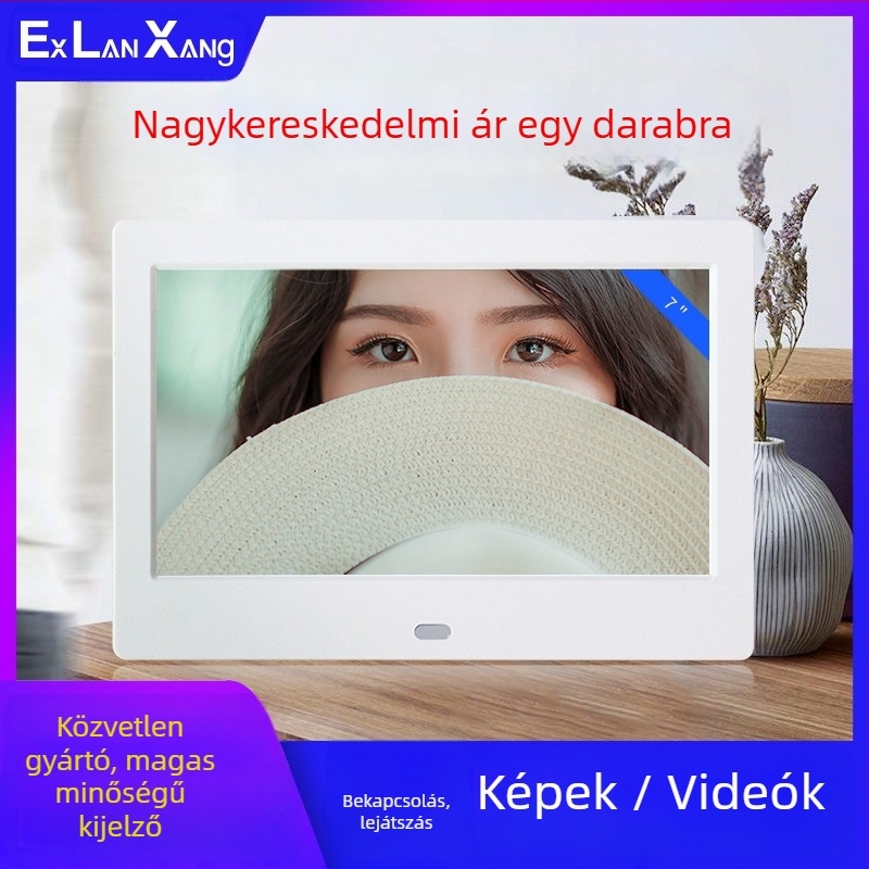 7 hüvelykes HD LED digitális képkeret kártyaalapú lejátszással; képek és videók lejátszása; felbontás 800×480; SD/USB/MMC kártya-támogatás; 16:9 képarány; modell DPF-706