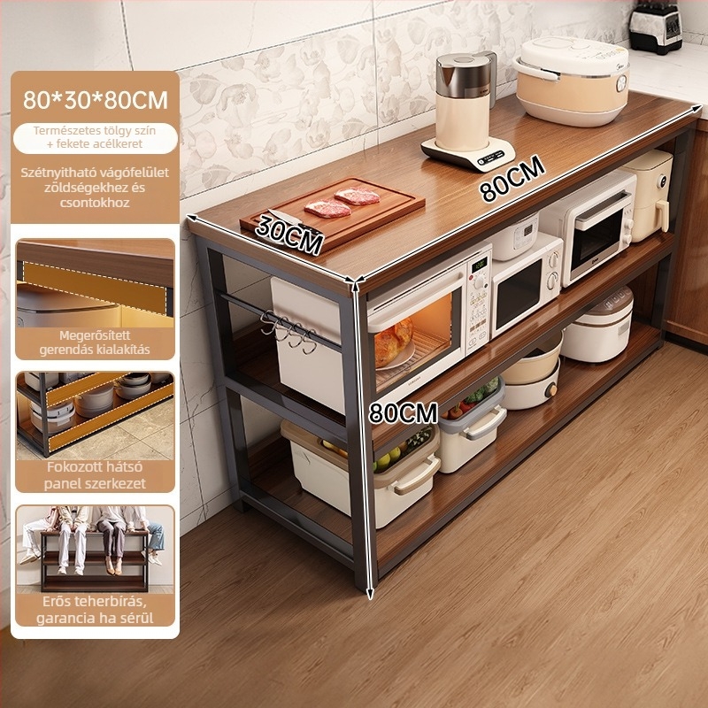 Konyhai mikrohullámú sütő tároló polc, többszintes, faanyagú, padlón álló, téglalap alakú dizájn, sarokhoz helyezhető, multifunkcionális